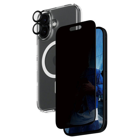 Bundle Hoops + Vetro temperato UWF Privacy + Hard Case per iPhone 16, PanzerGlass
