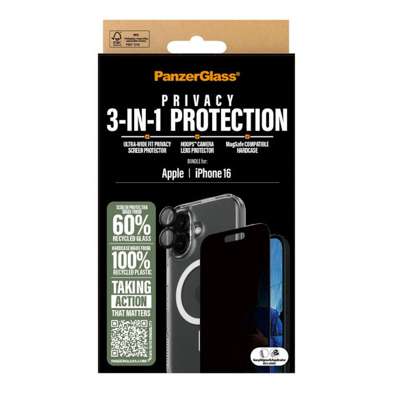 Bundle Hoops + Vetro temperato UWF Privacy + Hard Case per iPhone 16, PanzerGlass