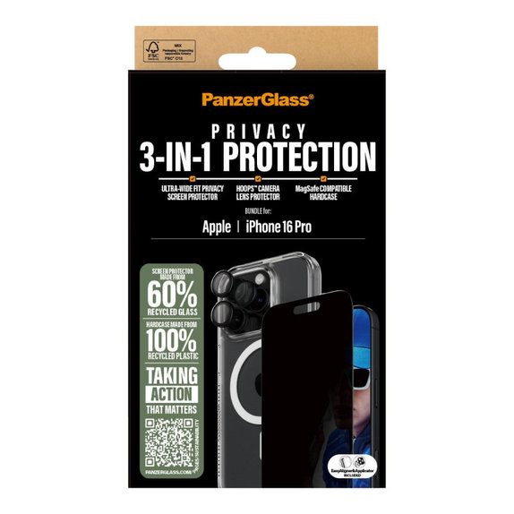 Bundle Hoops + Vetro temperato UWF Privacy + Hard Case per iPhone 16 Pro, PanzerGlass