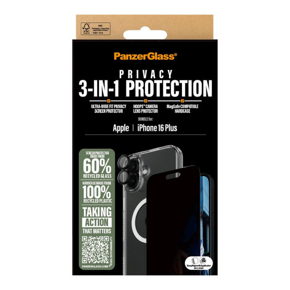 Bundle Hoops + Vetro temperato UWF Privacy + Hard Case per iPhone 16 Plus, PanzerGlass