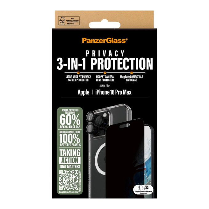 Bundle Hoops + Vetro temperato UWF Privacy + Hard Case per iPhone 16 Pro Max, PanzerGlass