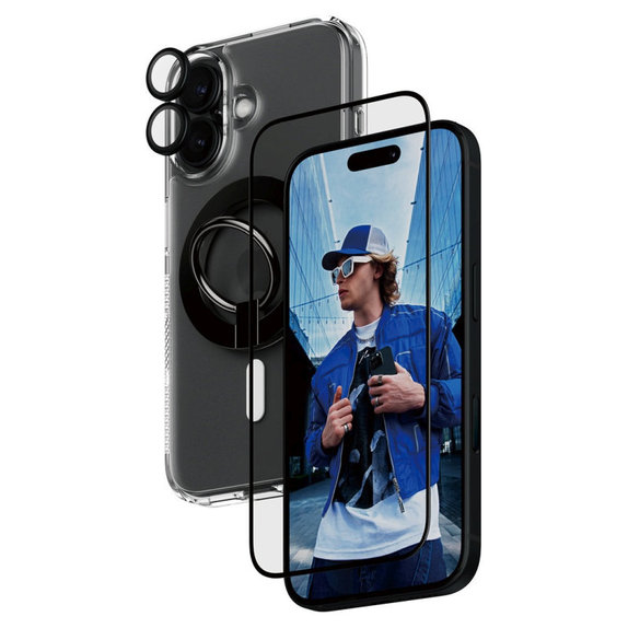 Bundle Hoops + Vetro temperato UWF + Hard Case + Magnetic Ring Mount per iPhone 16, PanzerGlass