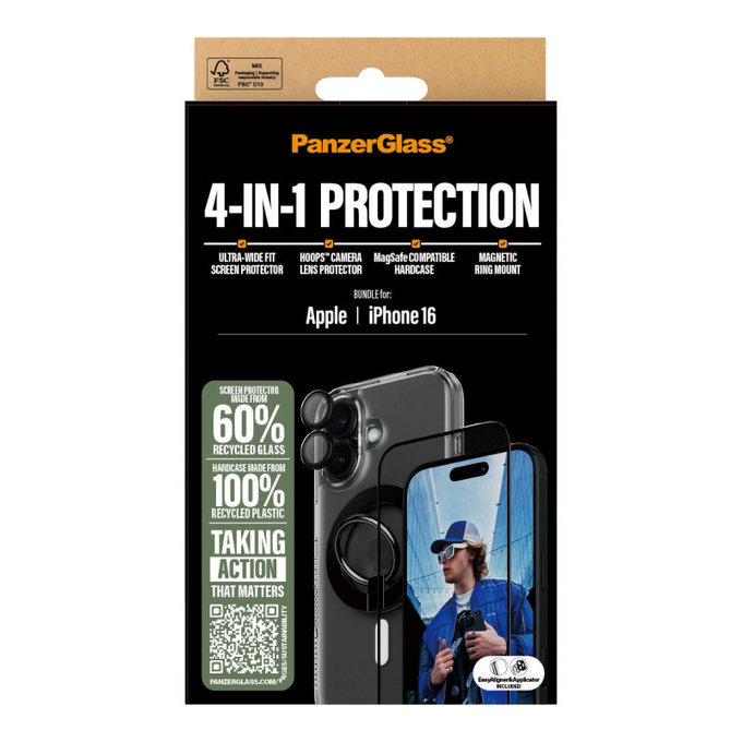 Bundle Hoops + Vetro temperato UWF + Hard Case + Magnetic Ring Mount per iPhone 16, PanzerGlass