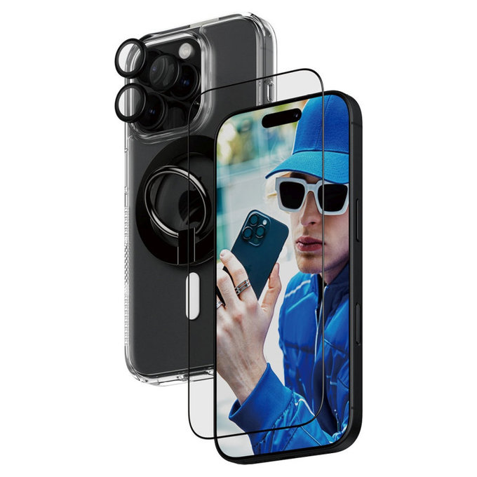 Bundle Hoops + Vetro temperato UWF + Hard Case + Magnetic Ring Mount per iPhone 16 Pro, PanzerGlass