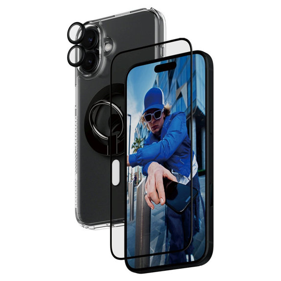 Bundle Hoops + Vetro temperato UWF + Hard Case + Magnetic Ring Mount per iPhone 16 Plus, PanzerGlass