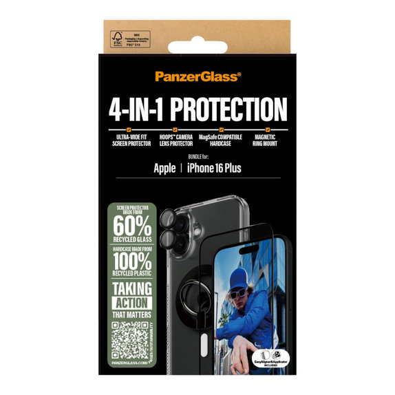 Bundle Hoops + Vetro temperato UWF + Hard Case + Magnetic Ring Mount per iPhone 16 Plus, PanzerGlass