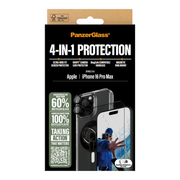 Bundle Hoops + Vetro temperato UWF + Hard Case + Magnetic Ring Mount per iPhone 16 Pro Max, PanzerGlass
