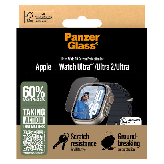 Vetro temperato per Apple Watch Ultra 2024/Ultra 2/Ultra, Trasparente, PanzerGlass