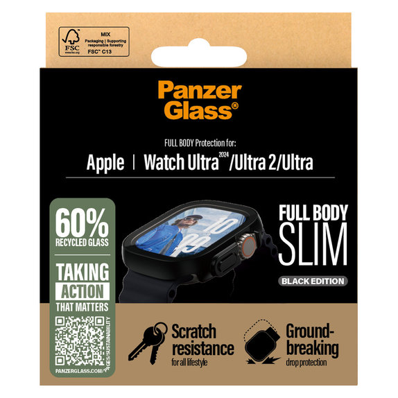 Vetro temperato Full Body Slim per Apple Watch Ultra 2024/Ultra 2/Ultra, Nero, PanzerGlass