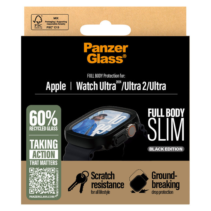 Vetro temperato Full Body Slim per Apple Watch Ultra 2024/Ultra 2/Ultra, Nero, PanzerGlass