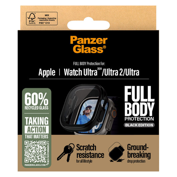 Vetro temperato Full Body per Apple Watch Ultra 2024/Ultra 2/Ultra, Nero, PanzerGlass