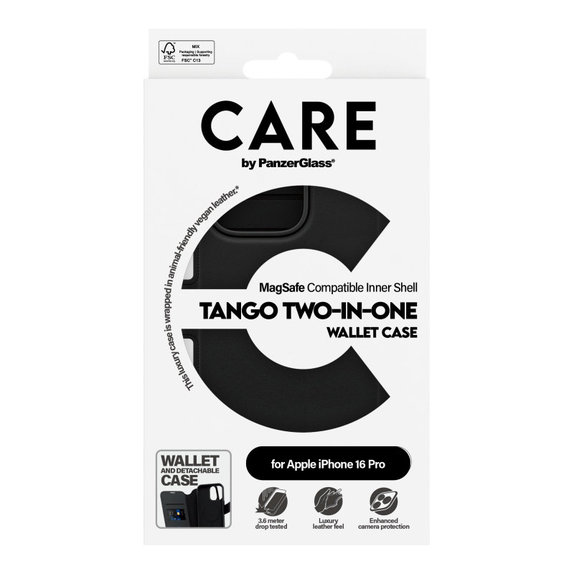Cover Wallet Tango Two-In-One con MagSafe per iPhone 16 Pro, Nero, CARE