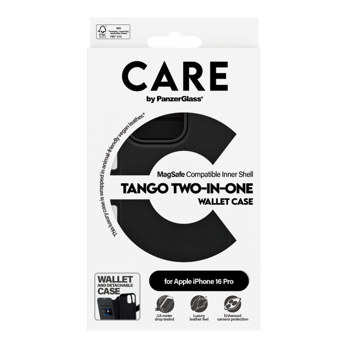 Cover Wallet Tango Two-In-One con MagSafe per iPhone 16 Pro, Nero, CARE