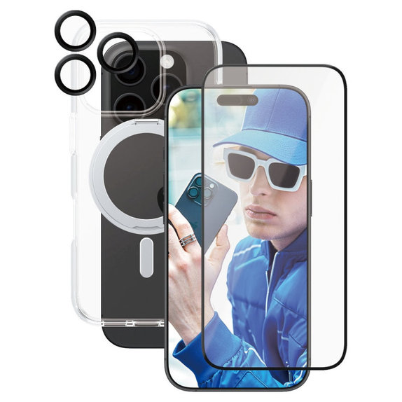 Bundle Hoops Ceramic + Vetro temperato UWF Ceramic + Cover Kickstand per iPhone 16 Pro, CARE