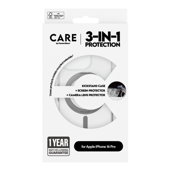 Bundle Hoops Ceramic + Vetro temperato UWF Ceramic + Cover Kickstand per iPhone 16 Pro, CARE