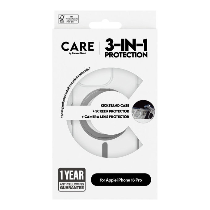 Bundle Hoops Ceramic + Vetro temperato UWF Ceramic + Cover Kickstand per iPhone 16 Pro, CARE