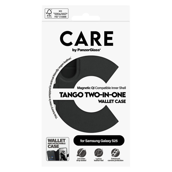 Custodia Wallet Tango Two-In-One con QI per Samsung Galaxy S25, Nero, PanzerGlass