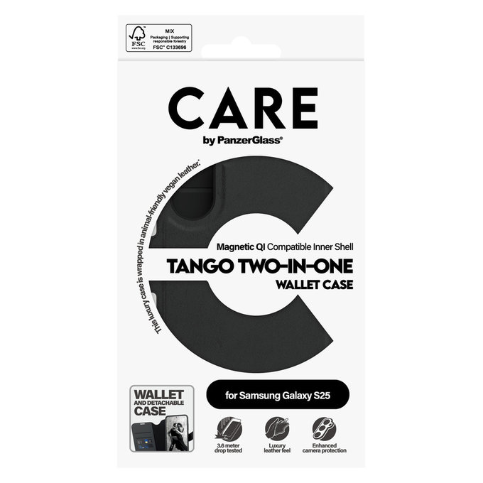 Custodia Wallet Tango Two-In-One con QI per Samsung Galaxy S25, Nero, PanzerGlass