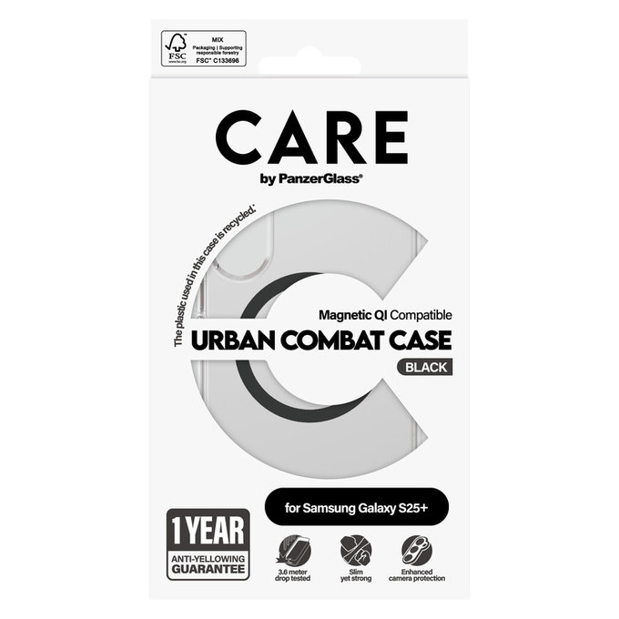 Custodia Urban Combat con QI nero per Samsung Galaxy S25+, Trasparente, PanzerGlass