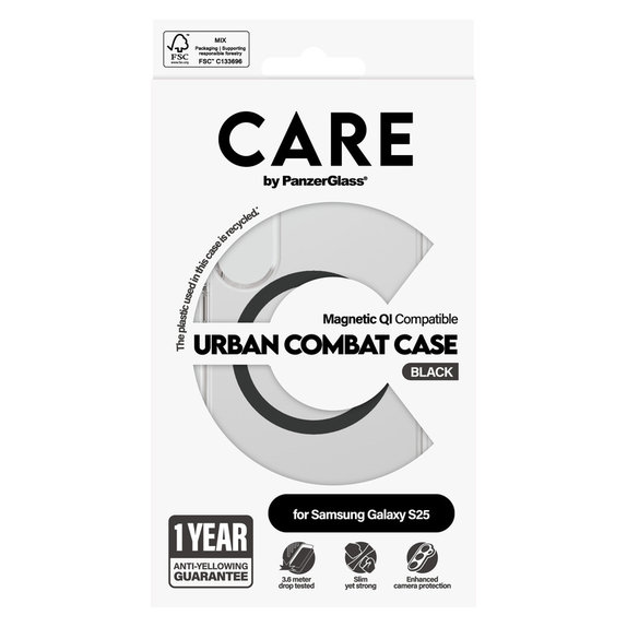 Custodia Urban Combat con QI nero per Samsung Galaxy S25, Trasparente, PanzerGlass