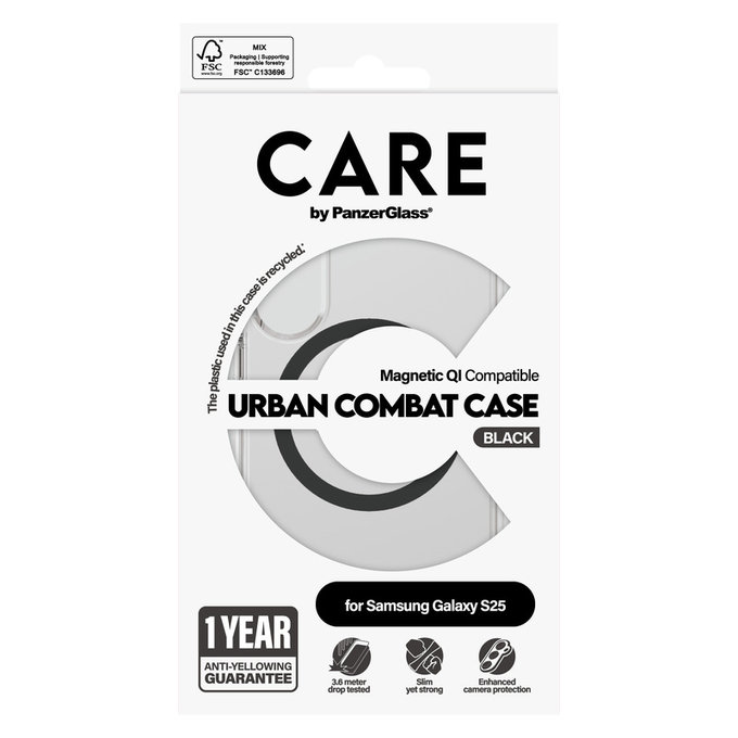 Custodia Urban Combat con QI nero per Samsung Galaxy S25, Trasparente, PanzerGlass