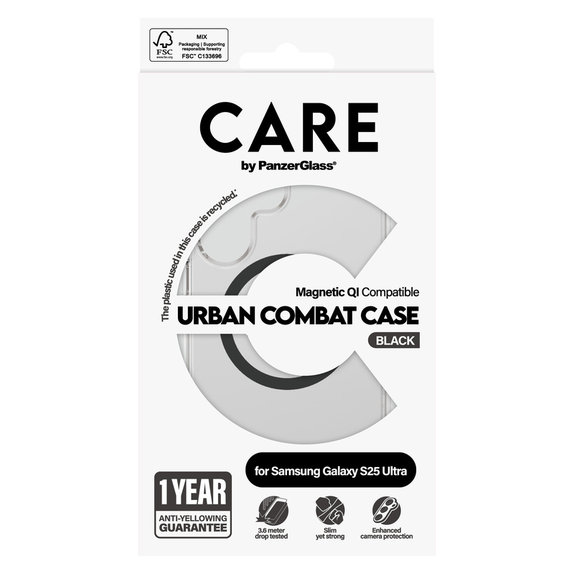 Custodia Urban Combat con QI nero per Samsung Galaxy S25 Ultra, Trasparente, PanzerGlass