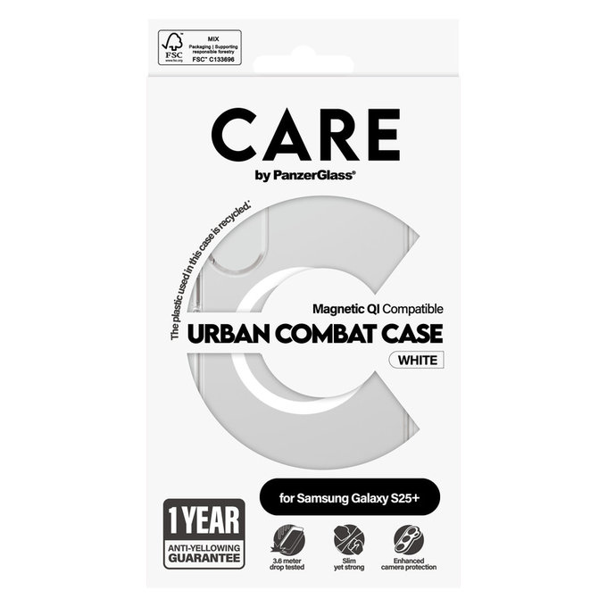 Custodia Urban Combat con QI bianco per Samsung Galaxy S25+, Trasparente, PanzerGlass
