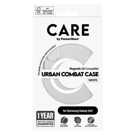 Custodia Urban Combat con QI bianco per Samsung Galaxy S25, Trasparente, PanzerGlass