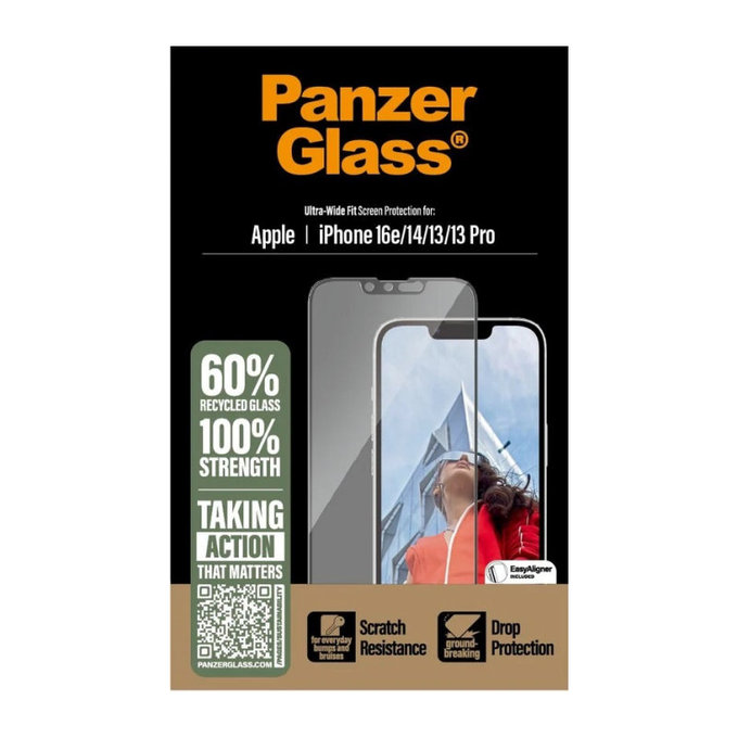 Vetro temperato UWF con applicatore per iPhone 17e/16e/14/13/13 Pro, Nero, PanzerGlass