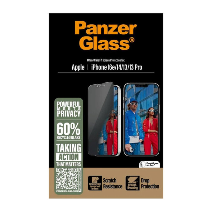 Vetro temperato UWF Privacy con applicatore per iPhone 17e/16e/14/13/13 Pro, Nero, PanzerGlass