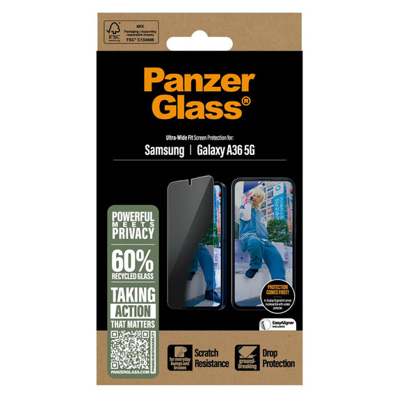 Vetro temperato UWF Privacy per Samsung Galaxy A36 5G, Trasparente, PanzerGlass