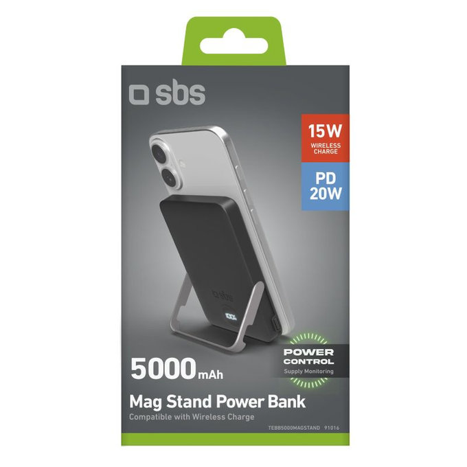 PowerBank 5000mAh, 20W, Power Delivery con supporto magnetico, Black, SBS