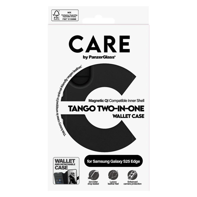 Custodia Wallet Tango Two-In-One con QI per Samsung Galaxy S25 Edge, Nero, PanzerGlass