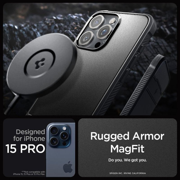 Custodia Rugged Armor con MagSafe per iPhone 15 Pro, Matte Black, Spigen