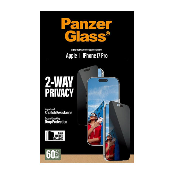 Vetro temperato UWF 2-Way Privacy con applicatore per iPhone 17 Pro, Nero, PanzerGlass