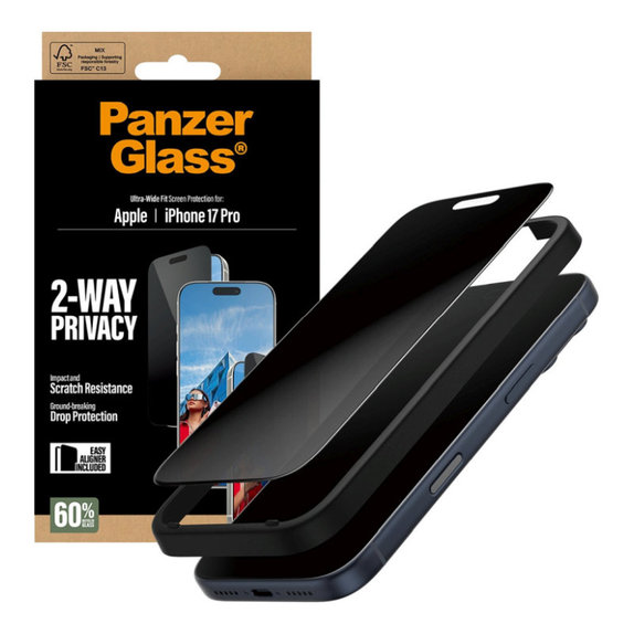 Vetro temperato UWF 2-Way Privacy con applicatore per iPhone 17 Pro, Nero, PanzerGlass