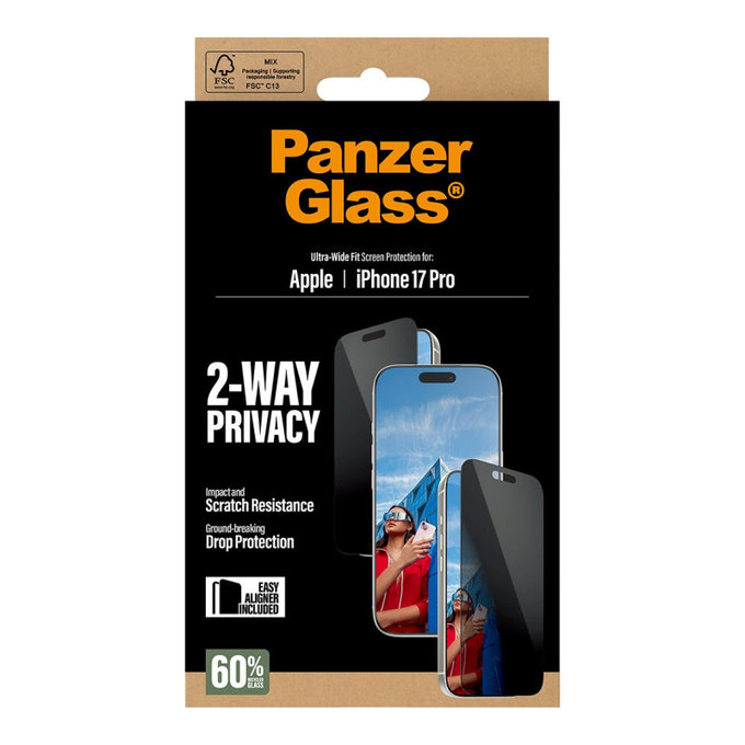Vetro temperato UWF 2-Way Privacy con applicatore per iPhone 17 Pro, Nero, PanzerGlass