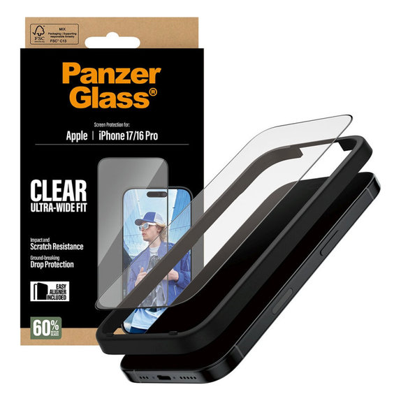 Vetro temperato UWF con applicatore per iPhone 17/16 Pro, Black, PanzerGlass