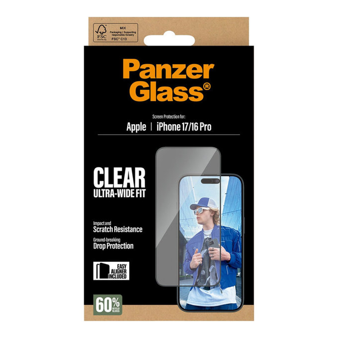 Vetro temperato UWF con applicatore per iPhone 17/16 Pro, Black, PanzerGlass