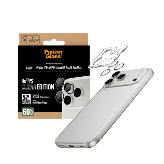 Protezione obiettivo fotocamera posteriore Hoops per iPhone 16 Pro, 16 Pro Max, 17 Pro, 17 Pro Max, Transparent, PanzerGlass