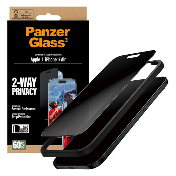 Vetro temperato UWF 2-Way Privacy con applicatore per iPhone Air, Nero, PanzerGlass