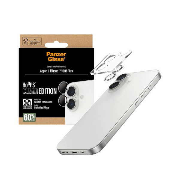 Protezione obiettivo fotocamera posteriore Hoops per iPhone 16, 16 Plus, 17, Transparent, PanzerGlass