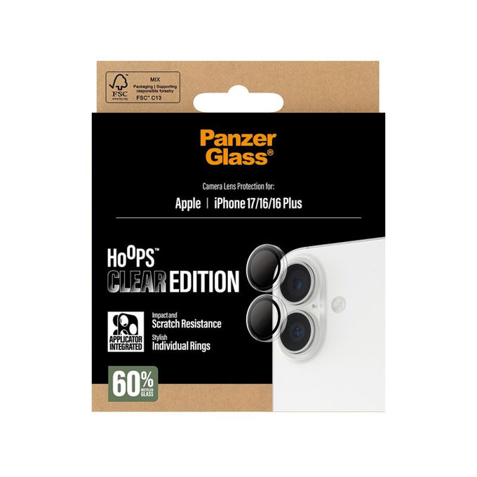 Protezione obiettivo fotocamera posteriore Hoops per iPhone 16, 16 Plus, 17, Transparent, PanzerGlass