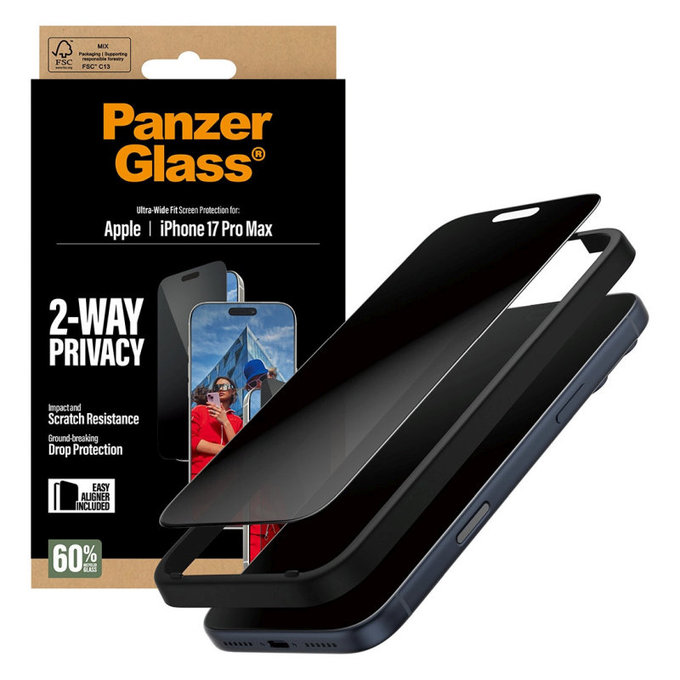 Vetro temperato privacy UWF 2-Way con applicatore per iPhone 17 Pro Max, Black, PanzerGlass