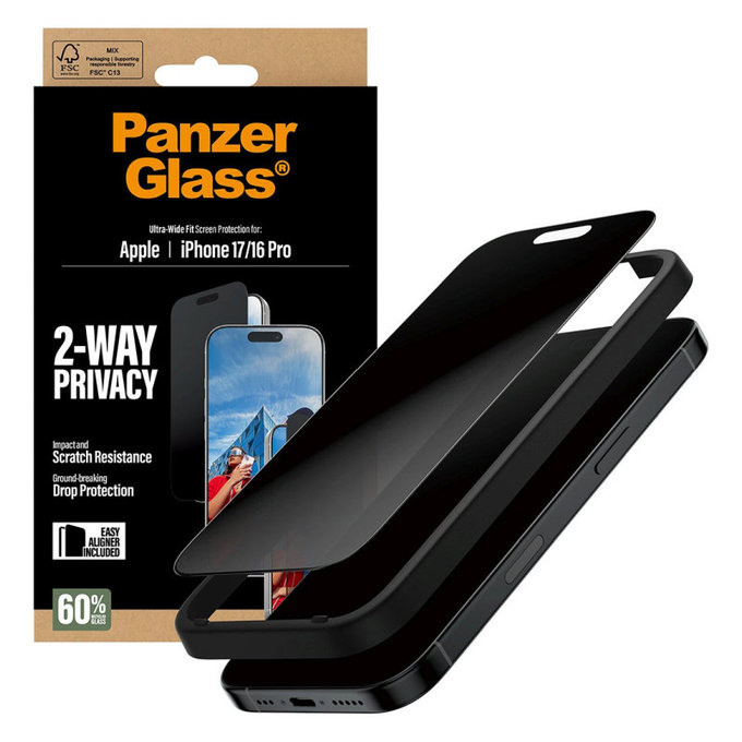 Vetro temperato privacy UWF 2-Way con applicatore per iPhone 17/16 Pro, Black, PanzerGlass