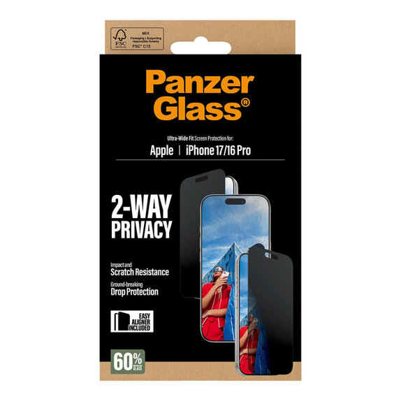 Vetro temperato privacy UWF 2-Way con applicatore per iPhone 17/16 Pro, Black, PanzerGlass