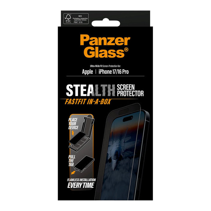 Vetro temperato UWF Stealth con Fastfit per iPhone 17/16 Pro, Nero, PanzerGlass