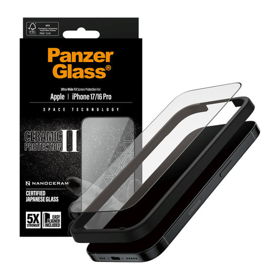Vetro temperato UWF Ceramic II con applicatore per iPhone 17/16 Pro, Black, PanzerGlass