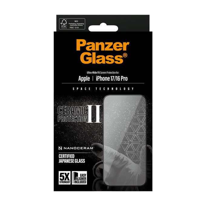 Vetro temperato UWF Ceramic II con applicatore per iPhone 17/16 Pro, Black, PanzerGlass