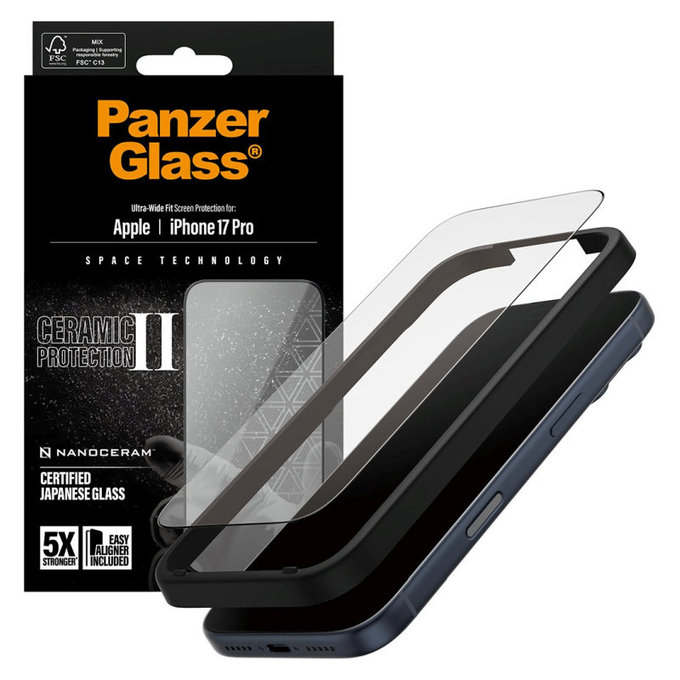 Vetro temperato UWF Ceramic II con applicatore per iPhone 17 Pro, Nero, PanzerGlass